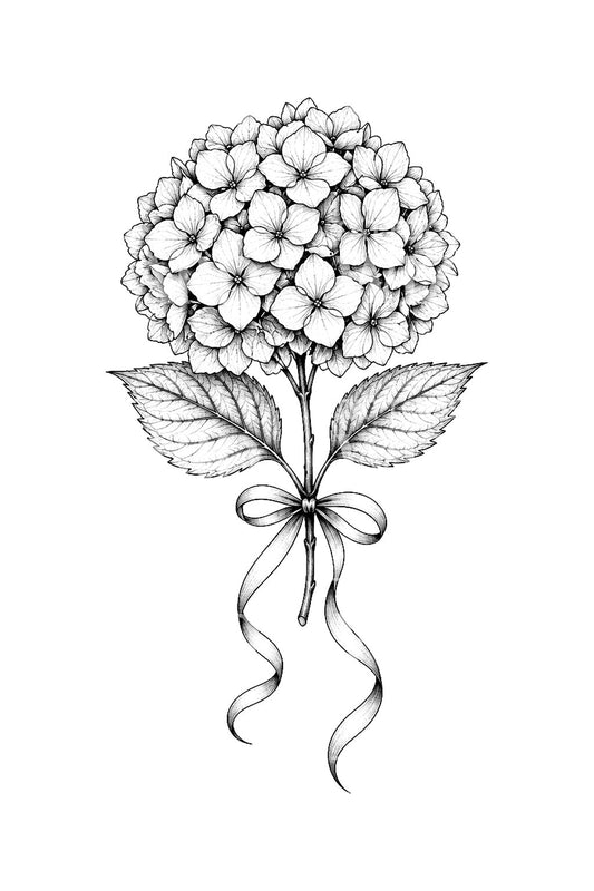 Nauhalla sidotun hortensian tatuointidesign