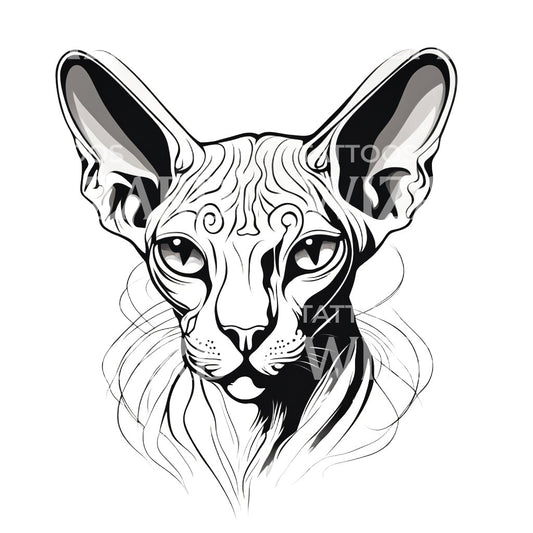 Minimalistisches Tattoo-Design mit dem Kopf einer Sphynx-Katze