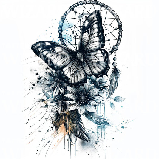A Dream Catcher and Butterfly Tattoo Design