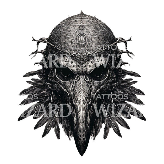 Black and Grey Raven Mask Tattoo Design