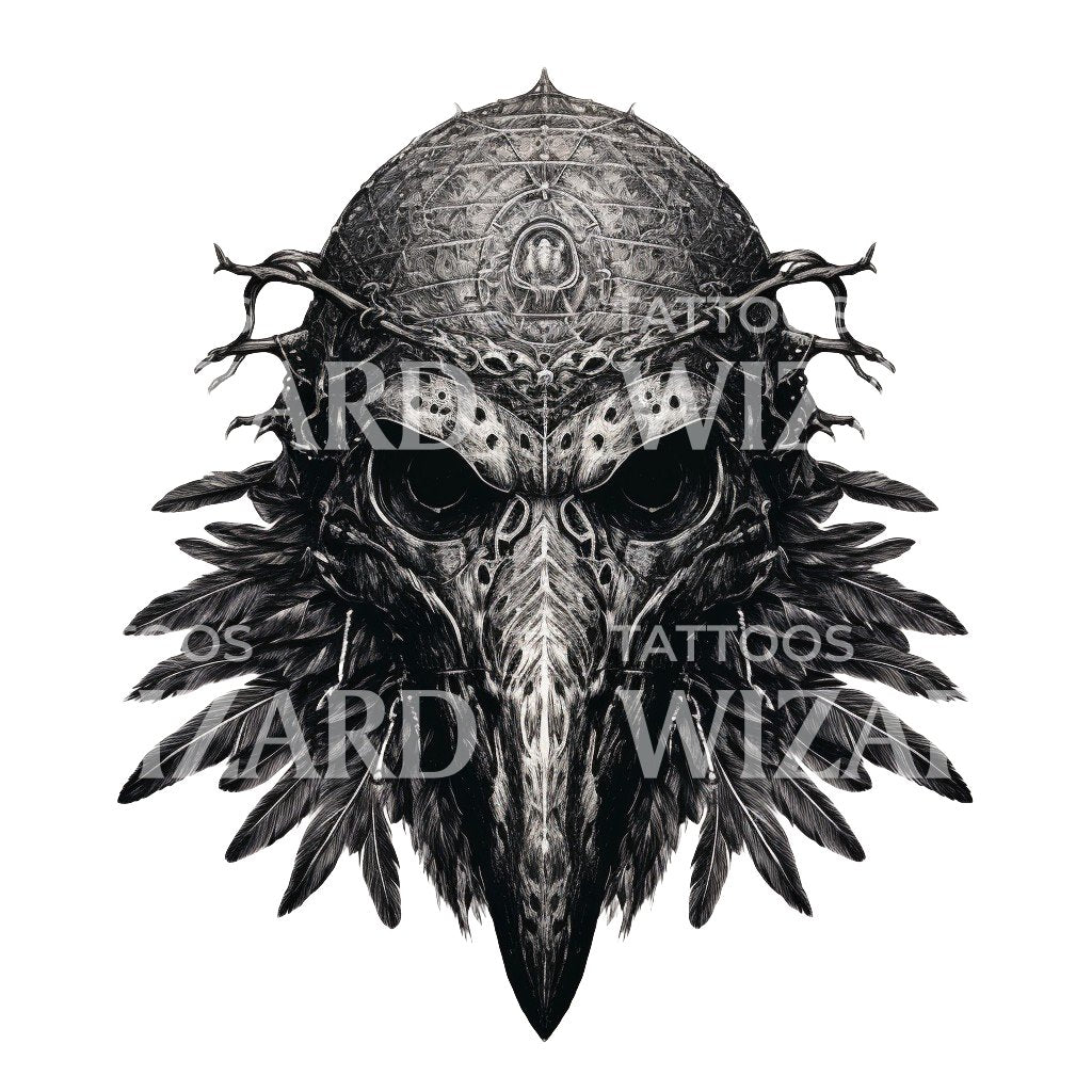 Conception de tatouage de masque de corbeau noir et gris
