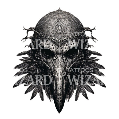 Black and Grey Raven Mask Tattoo Design