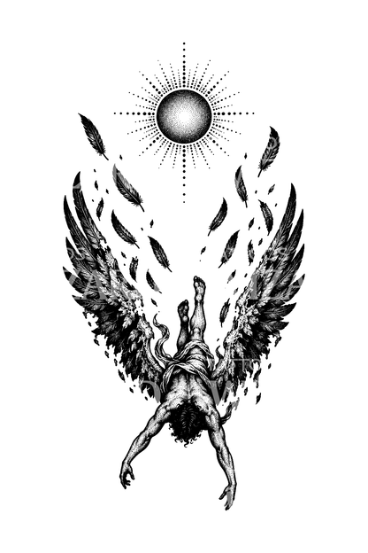 Sulavasiipinen putoava Ikaros dotwork-tatuointi