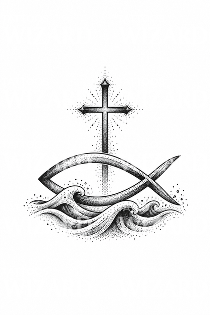 Ichthys Fish and Cross over Waves Dotwork Tattoo