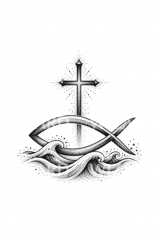 Ichthys Fish and Cross over Waves Dotwork Tattoo