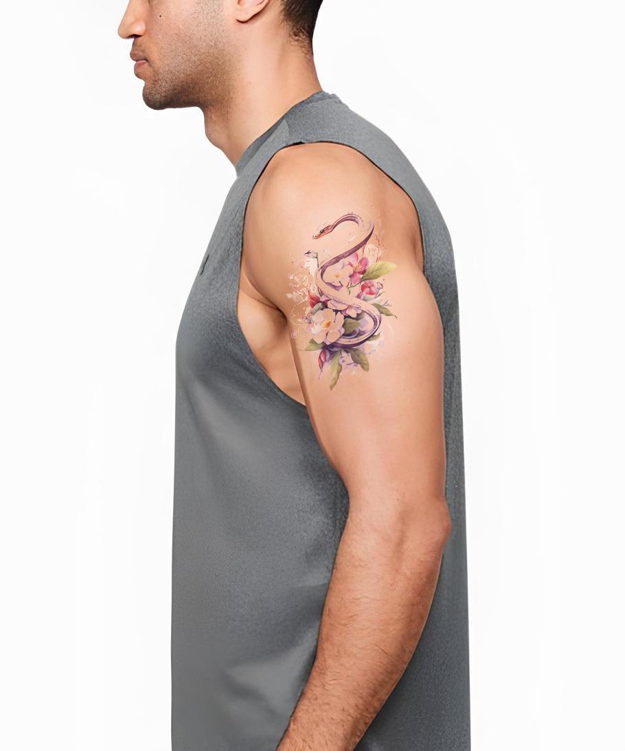 Diseño de Tatuaje de Serpiente con Flores Silvestres