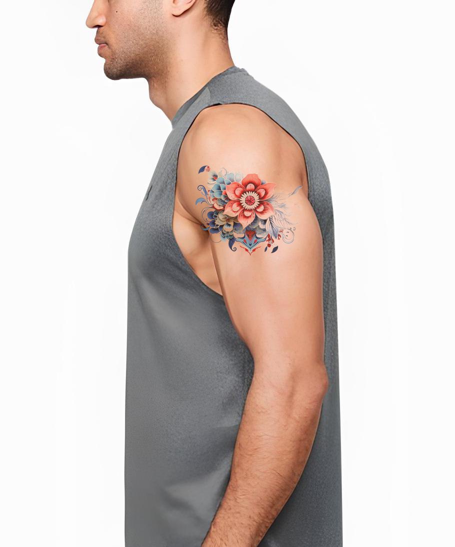 Design de Tatuagem Tradicional de Composição de Flores Coloridas