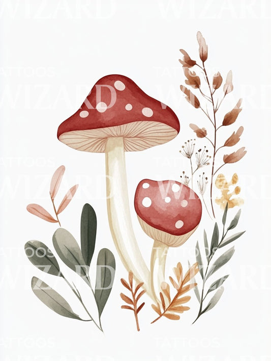 Idée de tatouage de champignons illustratifs et de plantes sauvages