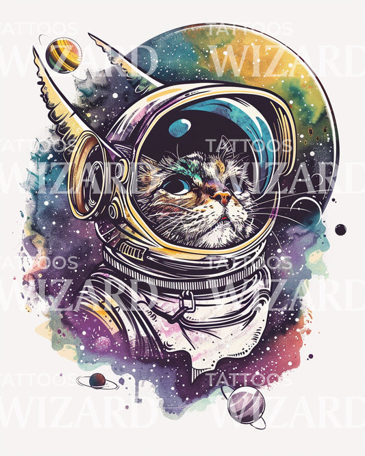 Illustratives Aquarell-Tattoo-Design mit Katze und Astronaut