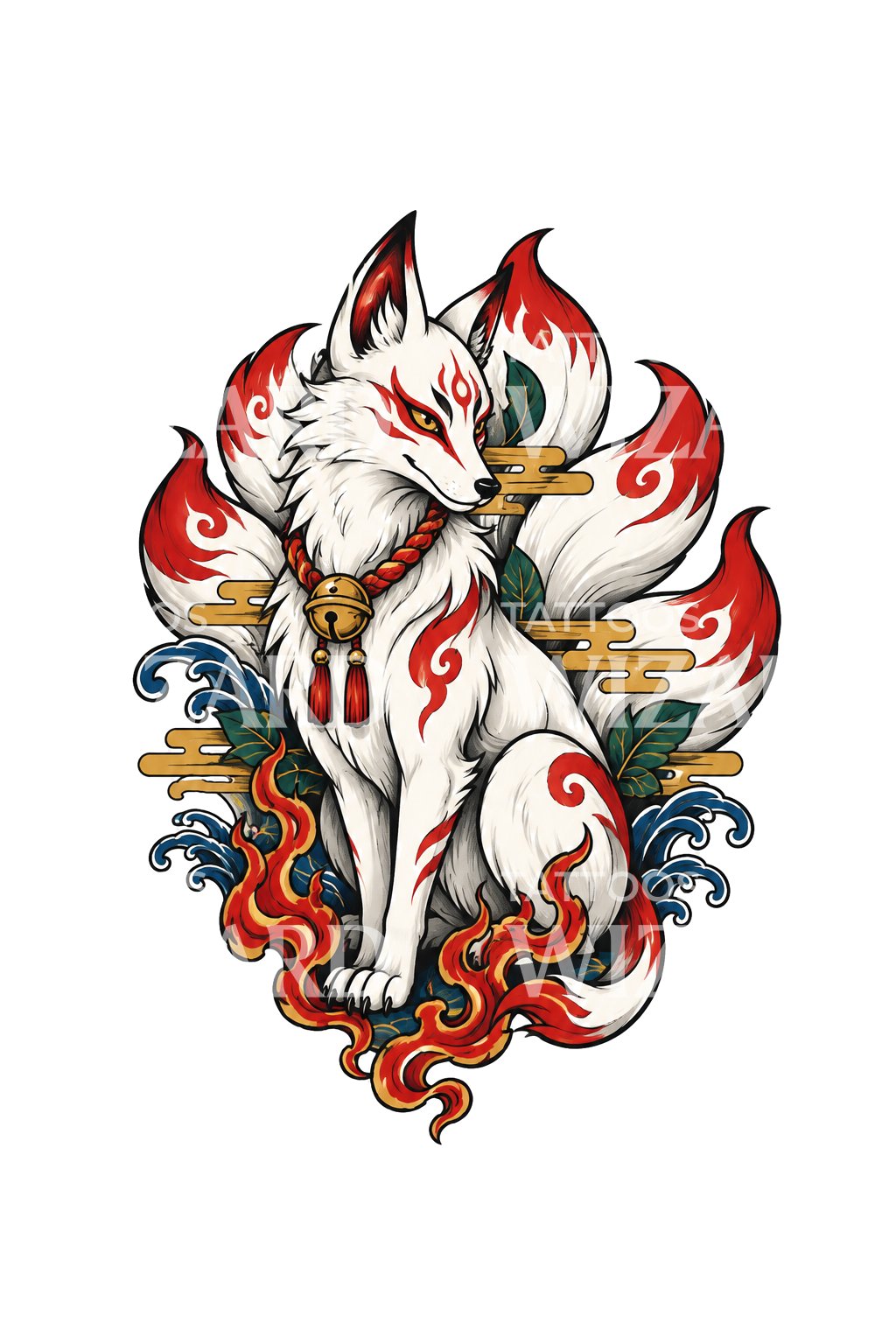 Ilustracja tatuażu lisa Inari z kitsunebi