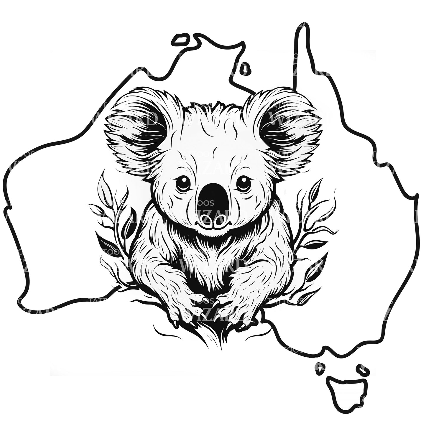 Independent Koala With Australia Map Tattoo Design