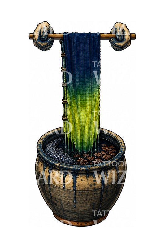 Indigo Dye Vat and Cloth Tattoo Design