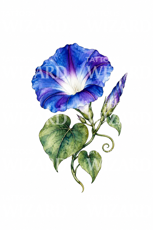 Indigo aquarel tattoo-ontwerp met ochtendglorie