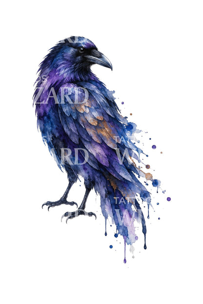 Indigo aquarel-tattoo-ontwerp met raaf