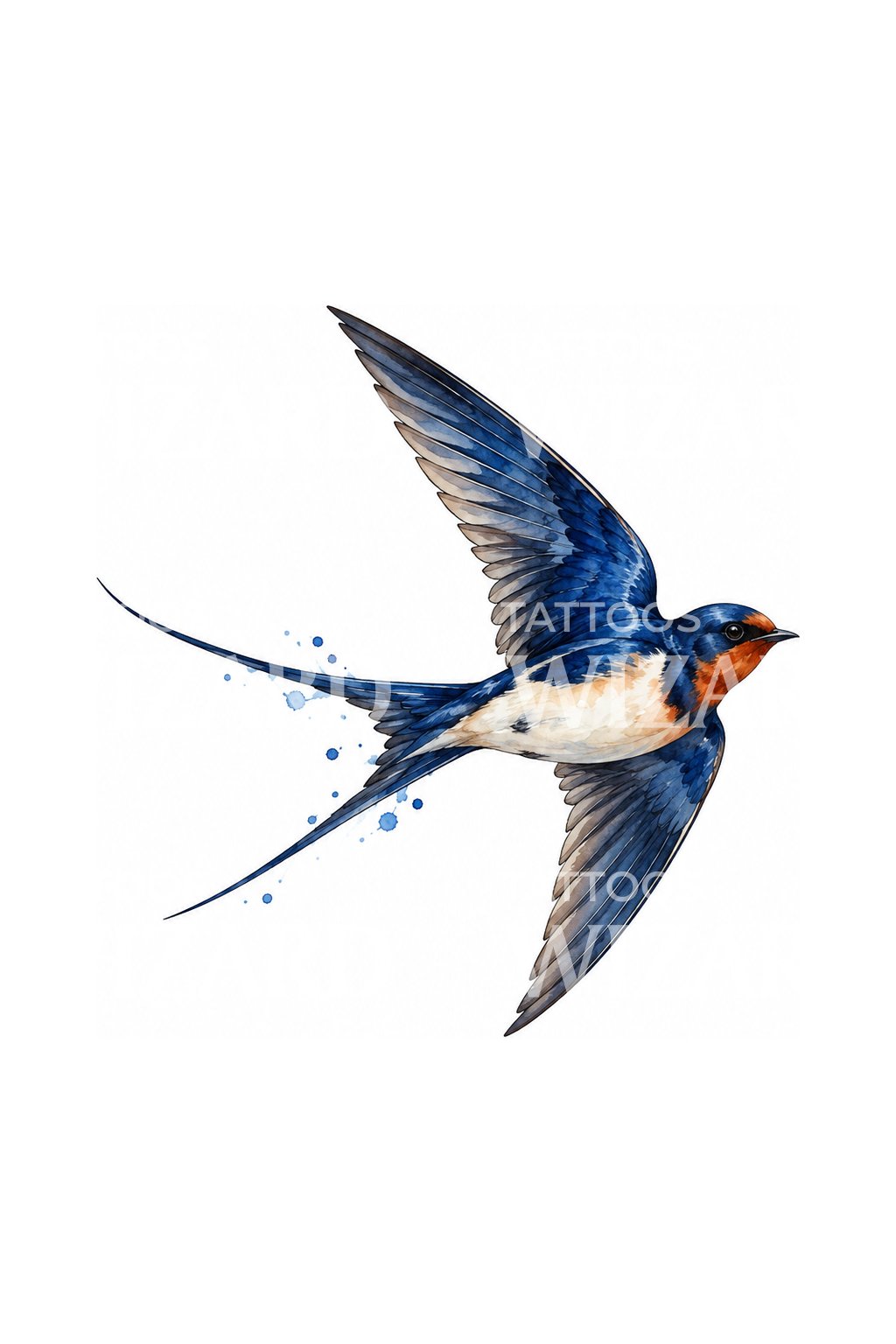 Indigo Watercolor Swallow in Flight Tattoo Idea