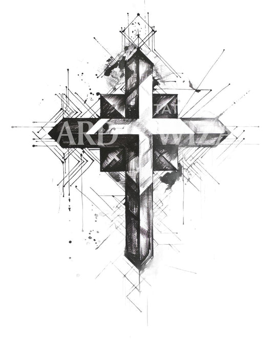 Conception de tatouage géométrique de croix noire et grise à l'encre