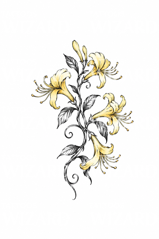 Ink Sketch Honeysuckle with Yellow Wash Tattoo Idea