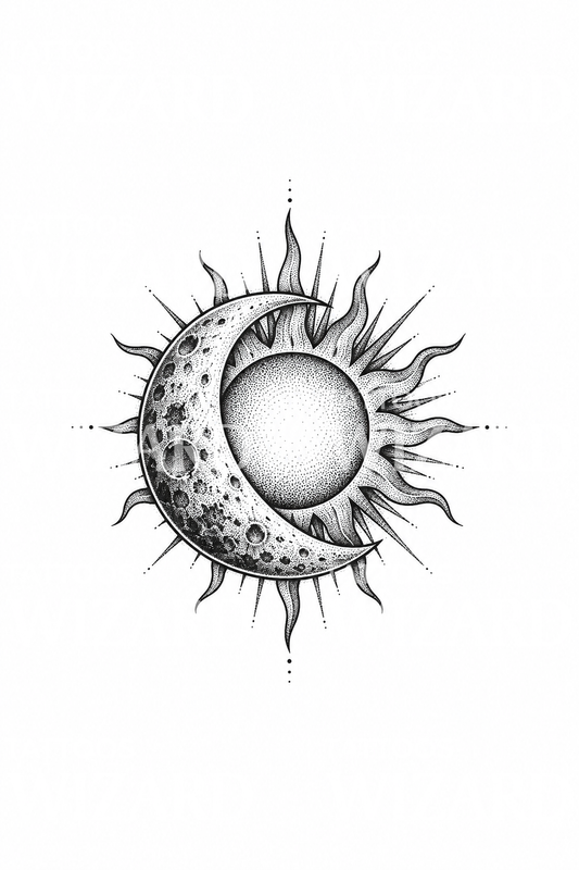 Tatuaggio dotwork di Sole e Luna intrecciati