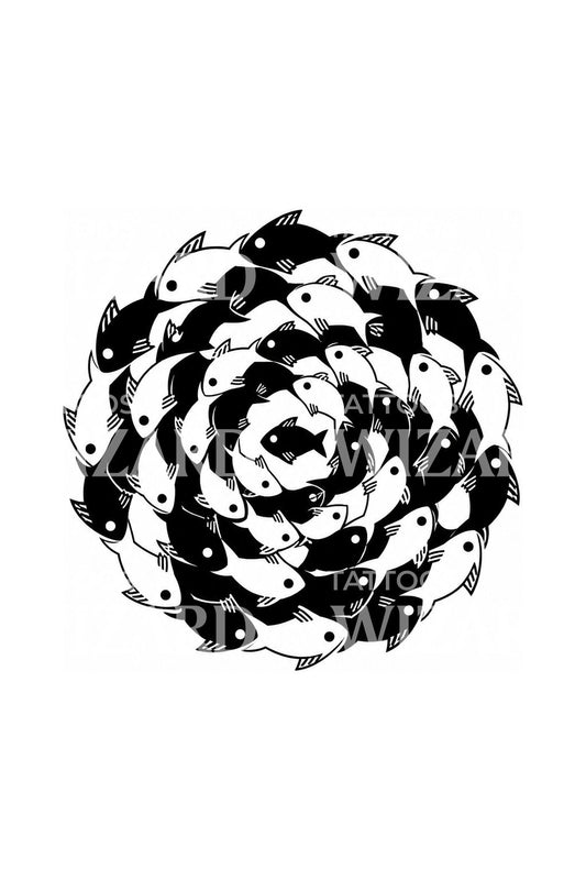 Blackwork-Tattoo-Design mit ineinandergreifender Fischspirale