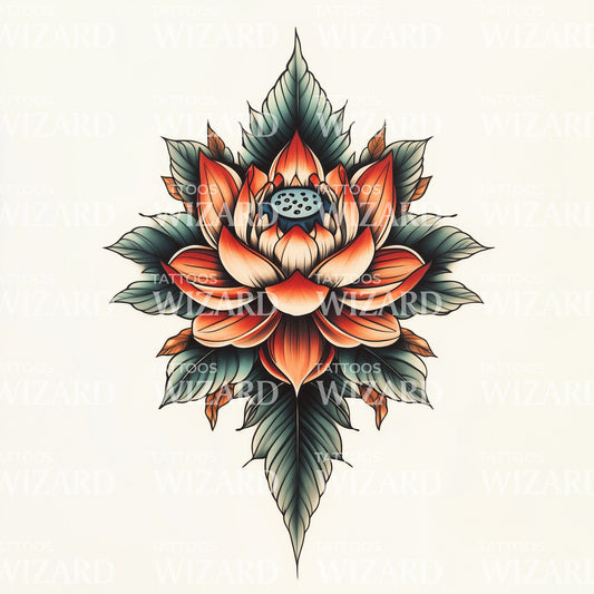 Intricate Neo-Traditional Lotus Flower Tattoo Illustration