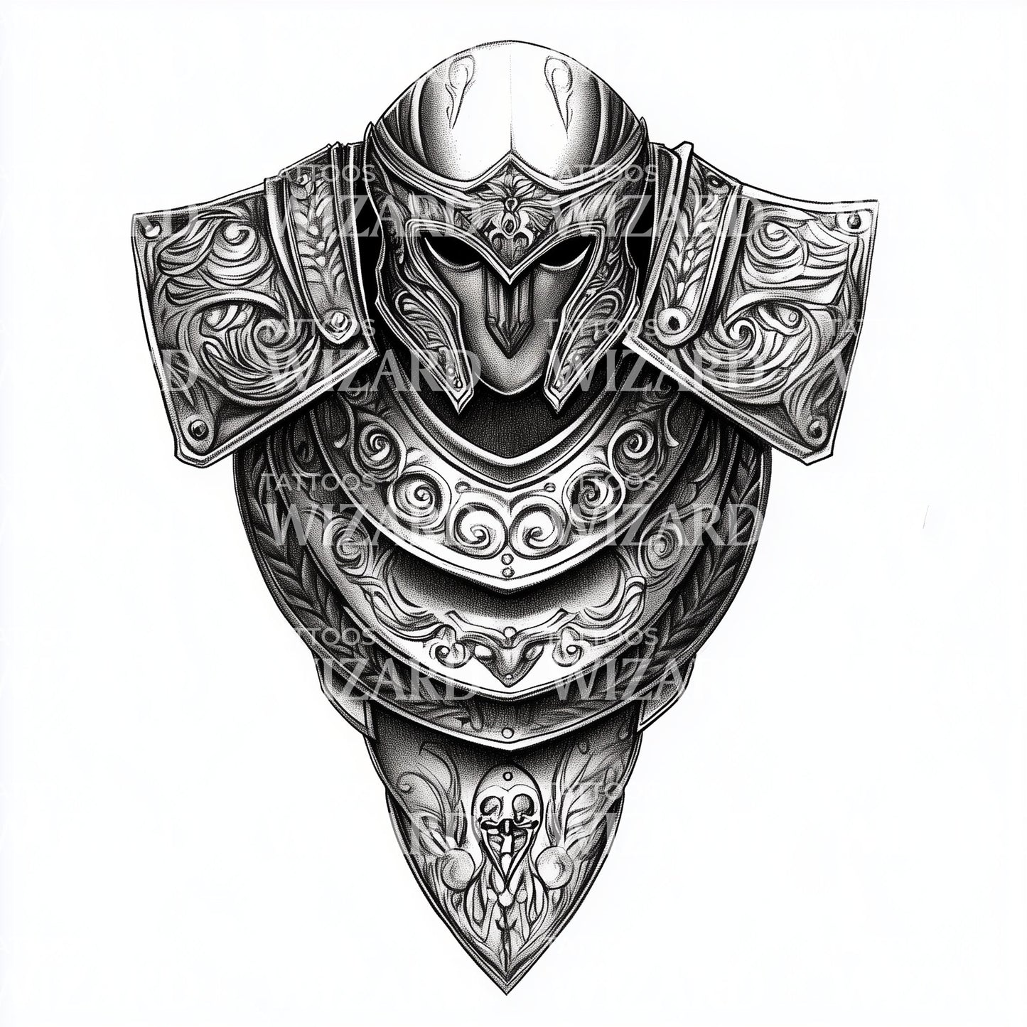 Intricately Designed Warrior Chest Armor Tattoo Idea