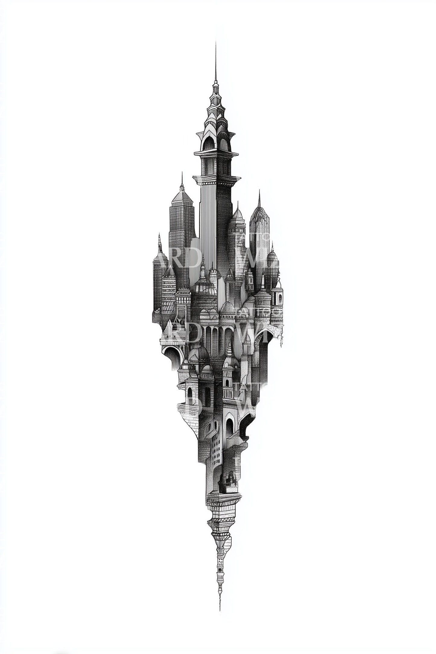 Inverted Spire Cityscape Tattoo Design