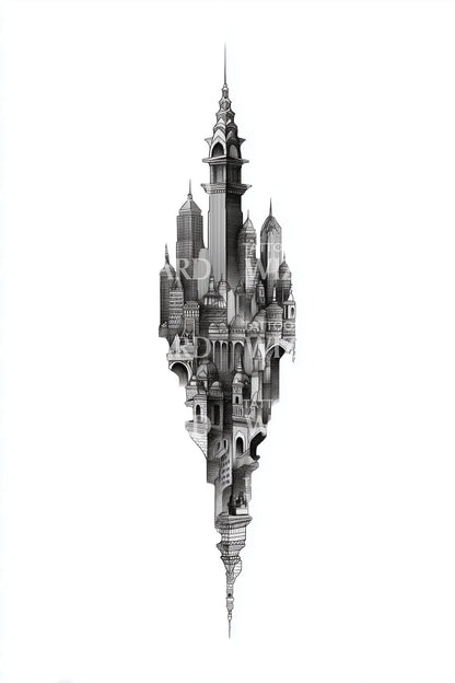 Inverted Spire Cityscape Tattoo Design