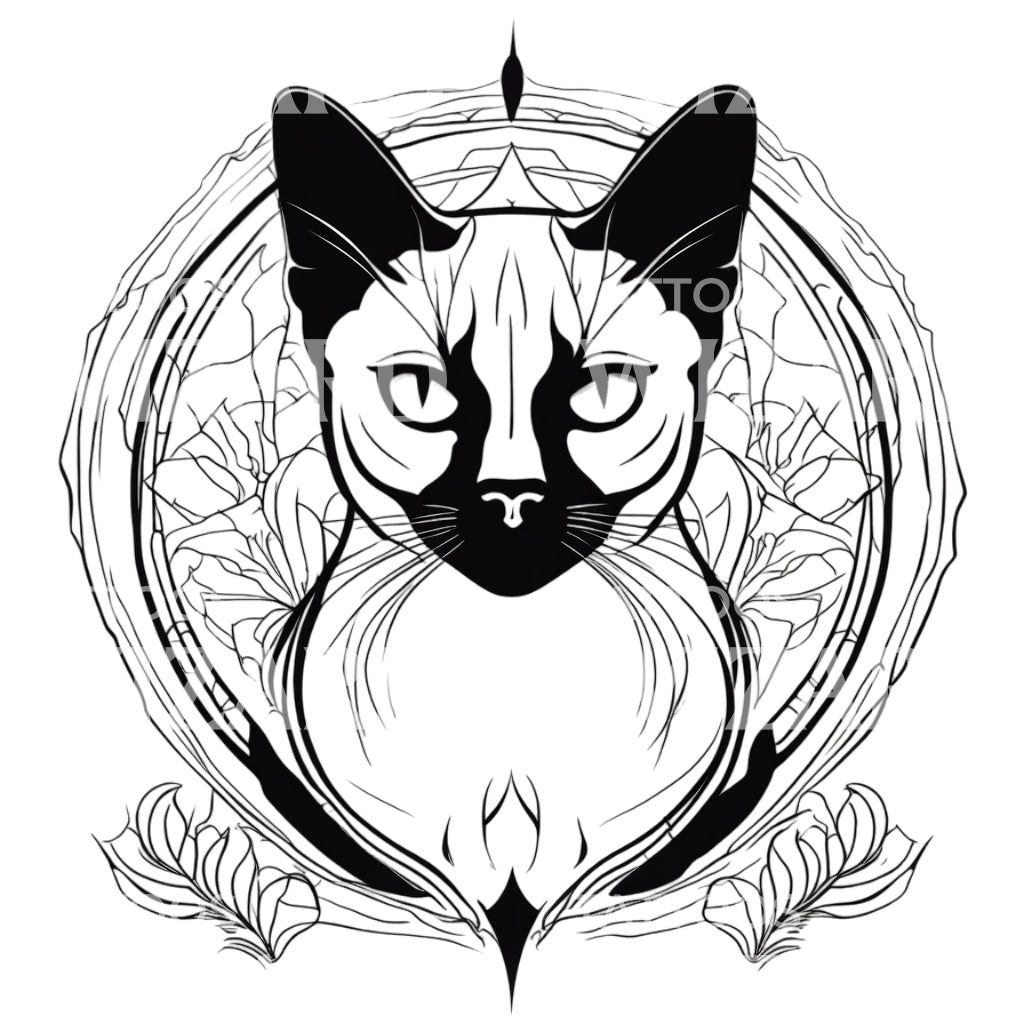 Siamese Cat Head with Patterns Circle Tattoo Design