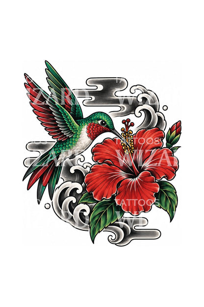 Irezumi kolibřík s červeným ibiškem
