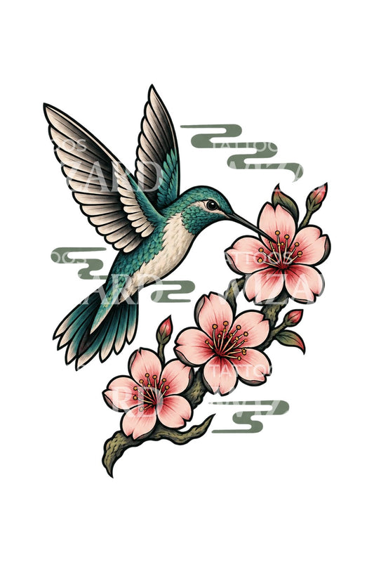 Irezumi-kolibri med kirsebærblomster, tatoveringsdesign