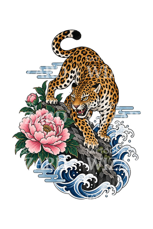 Irezumi Leopard with Peony and Waves Tattoo Illustration