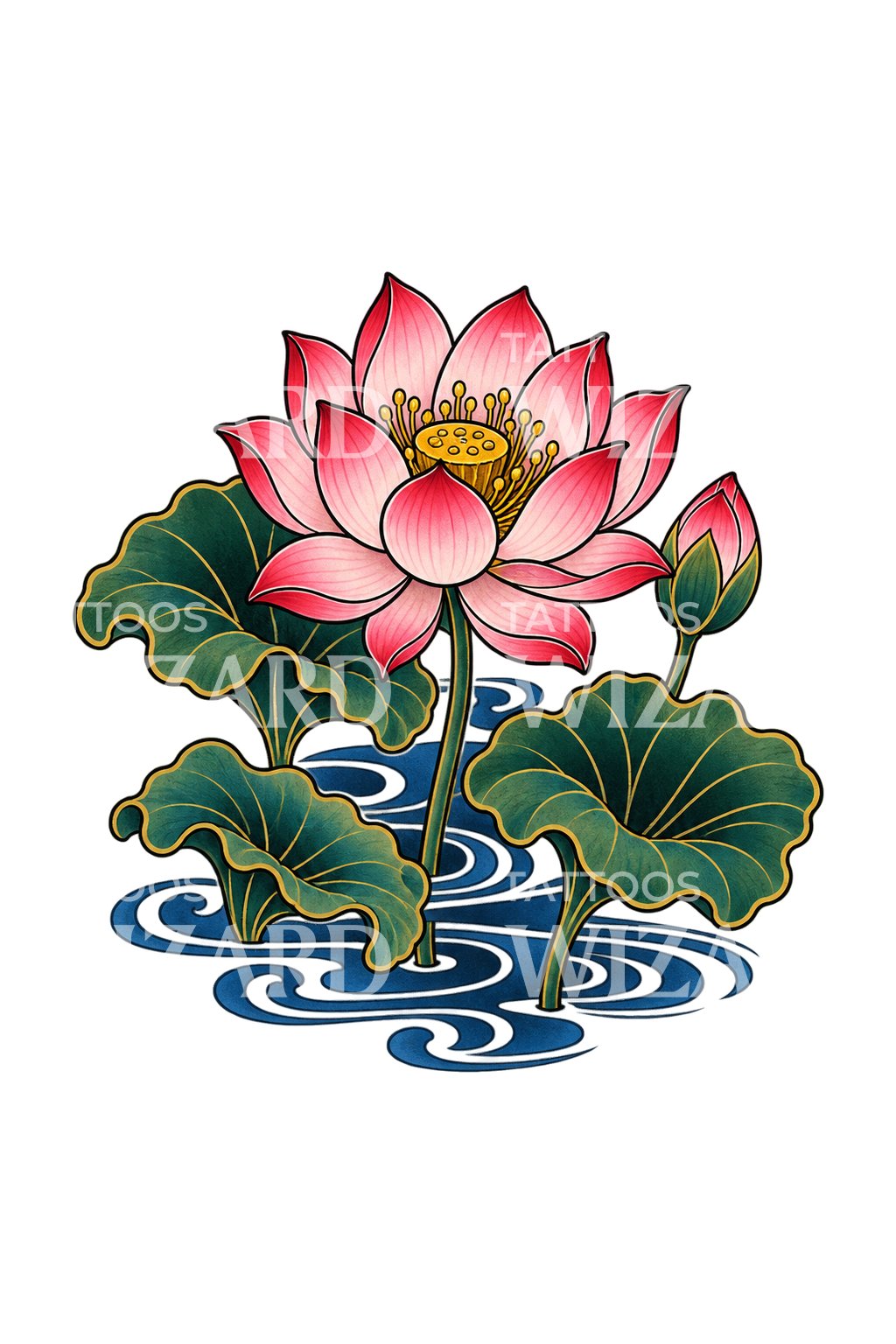 Ilustración de tatuaje Irezumi de hojas de loto y agua