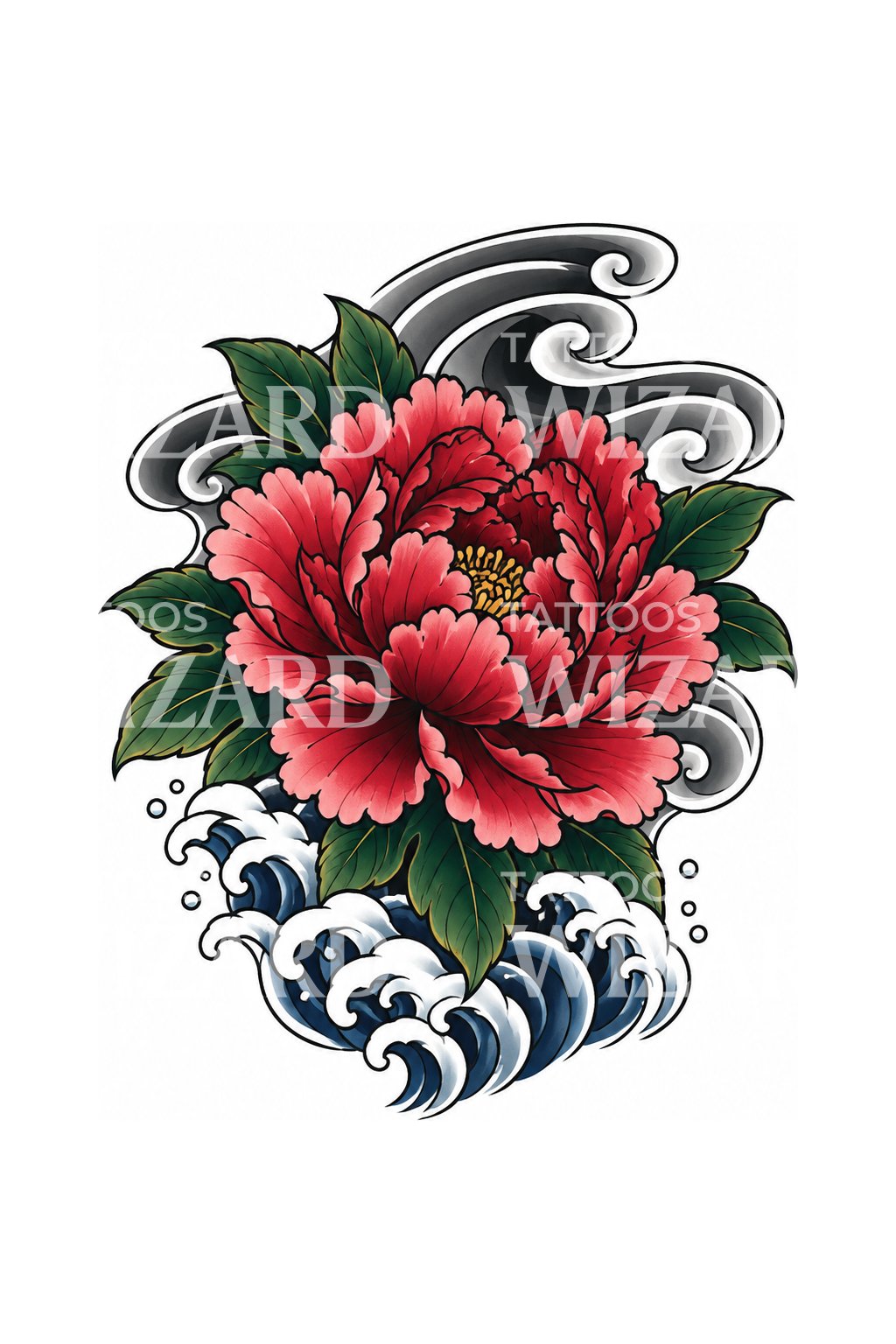 Irezumi-tatovering med pæon, vind og bølger