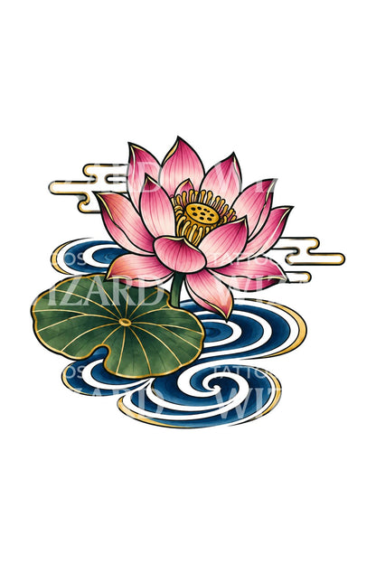 Irezumi-Seerosentattoo mit goldenen Wirbeln als Illustration