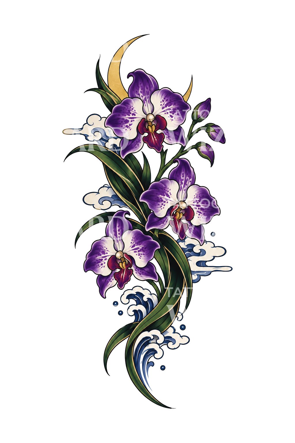 Irezumi-tatoveringsillustration af lilla orkidé