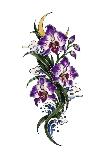 Irezumi-tatoveringsillustration af lilla orkidé