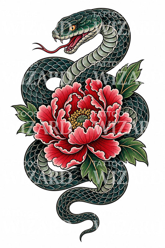 Irezumi-tatoveringsdesign med slange og peon