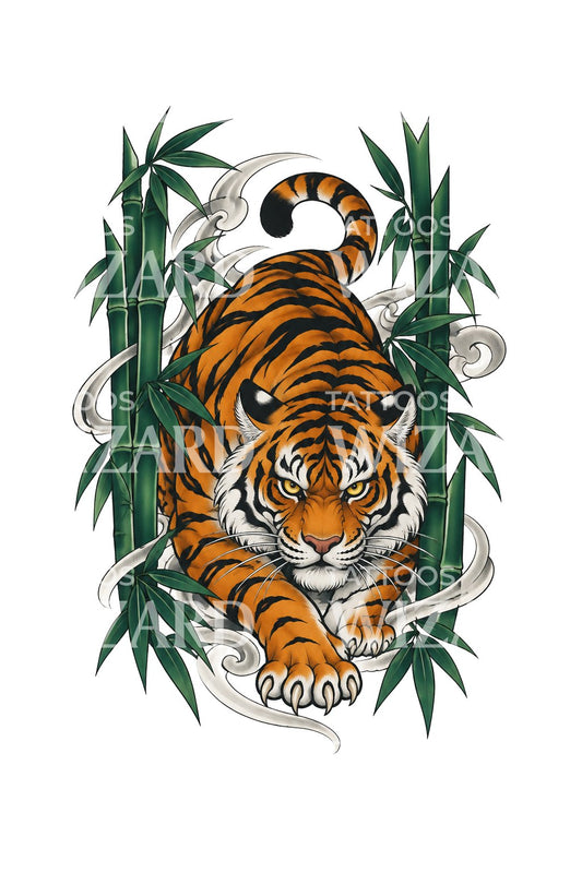 Bambu İçinde Süzülen Irezumi Kaplan Dövme İllüstrasyonu