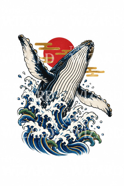 Irezumi ilustrace velrybího skoku s rudým sluncem