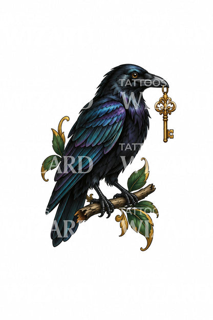 Iridescent Crow Key Bearer Tattoo Illustration