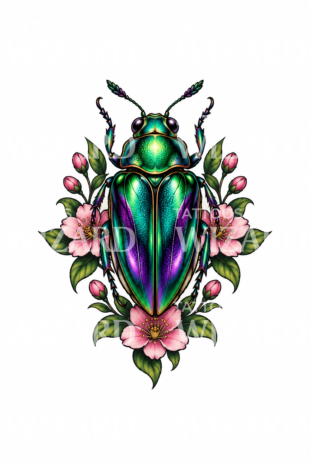 Iridescent Jewel Beetle with Blossoms Tattoo Design
