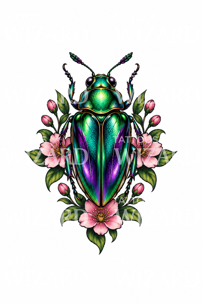 Iridescent Jewel Beetle with Blossoms Tattoo Design