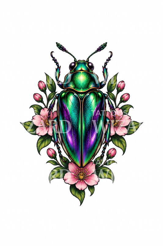 Tatueringsdesign med skimrande juvelbagge och blommor