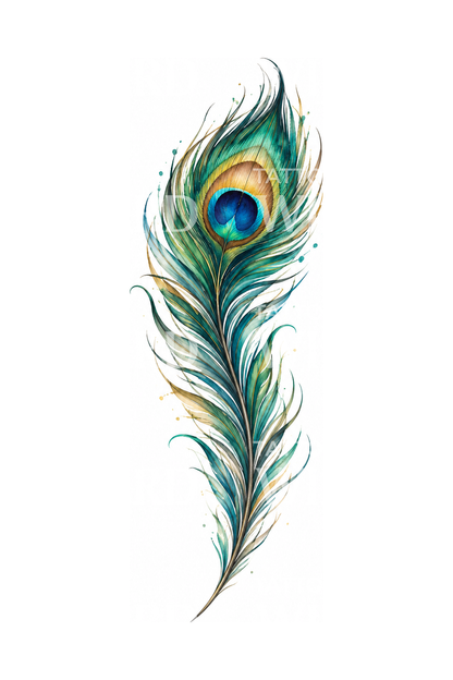 Aquarell-Tattoo mit schillernder Pfauenfeder