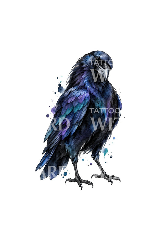 Tatouage de corbeau violet irisé en aquarelle