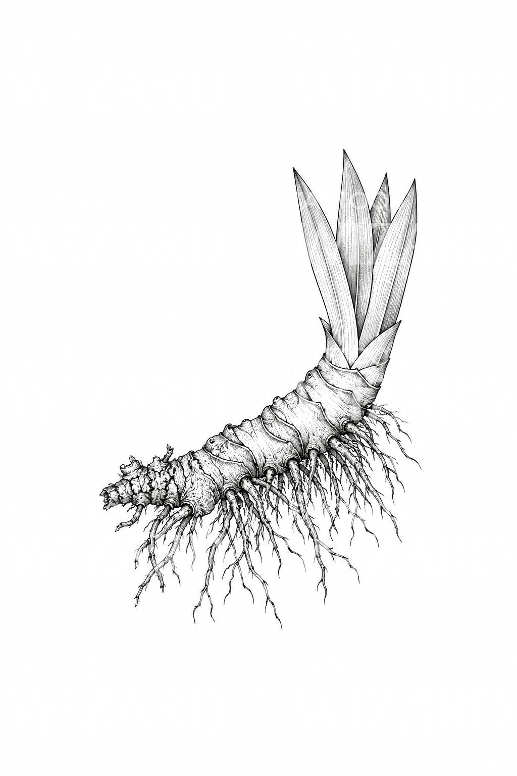 Diseño de tatuaje de rizoma de iris y abanico de hojas
