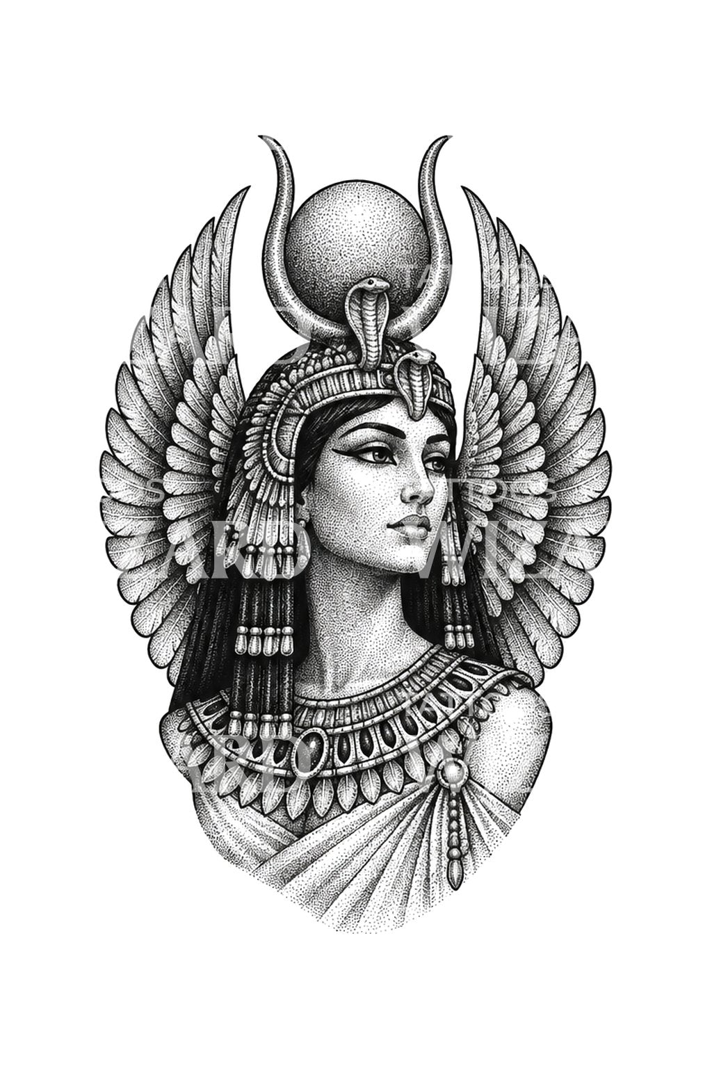 Dotwork-Tattoo-Design Isis mit gefalteten Flügeln