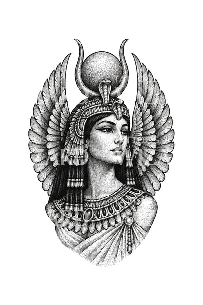 Dotwork-Tattoo-Design Isis mit gefalteten Flügeln