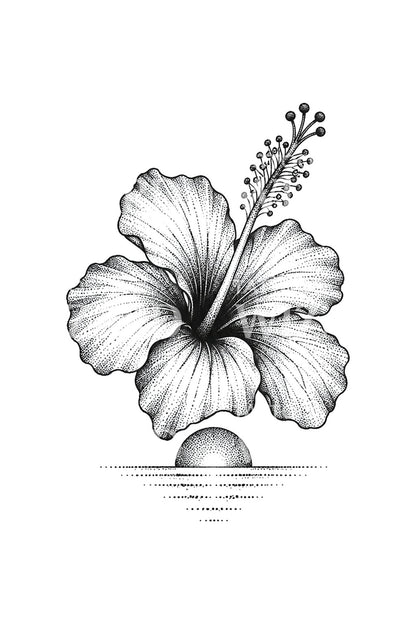 Ide Tato Hibiscus Dotwork Saat Matahari Terbenam di Pulau