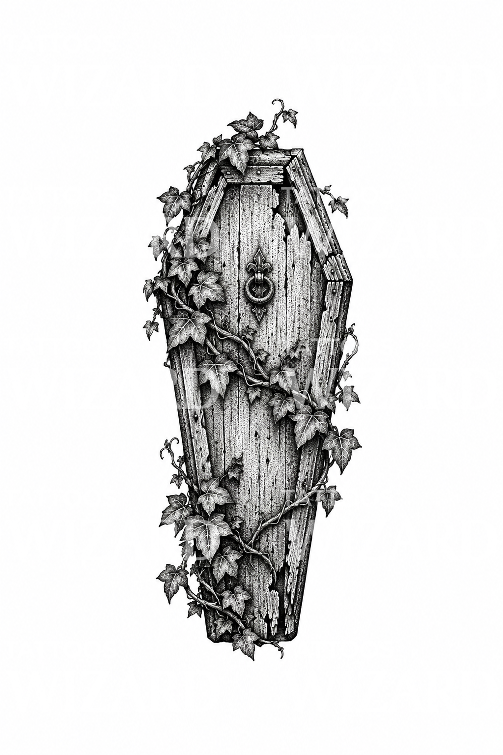 Stipple-tatoeage van een met klimop bedekte doodskist